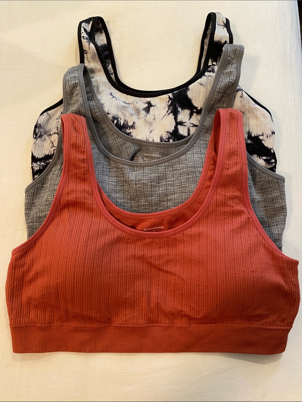 No Boundaries 3-Pack Ribbed & Tie-Dye Sports Bras — Rust, Gray, Black-White